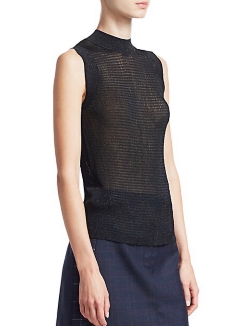 Rag & Bone Raina Black Mini Stripe Sleeveless Mock Neck Top Black Sparkle XS